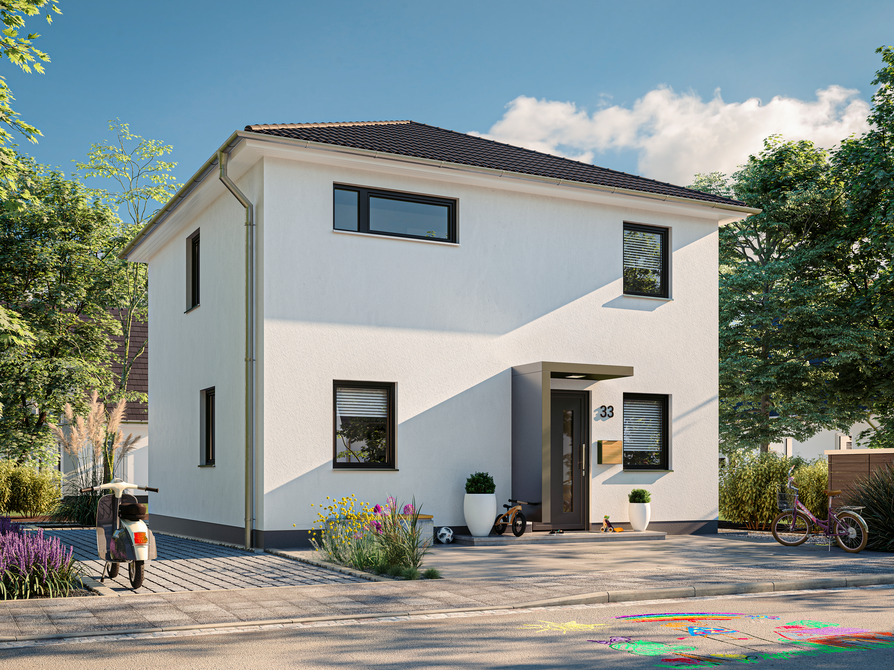 Das Stadthaus 100 mit Blick auf den Eingang und Vordach