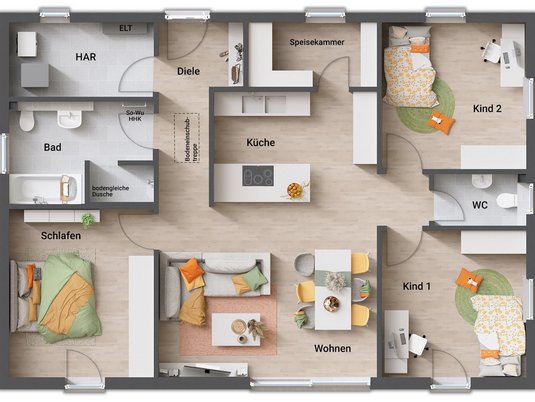 Grundriss des Bungalow 110 mit offener Wohnlösung, Speisekammer und begehbarer Dusche
