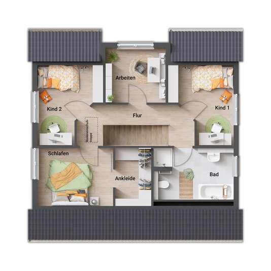 Flair 134 Dachgeschoss Grundrissvariante 2 mit großem Elternbereich Dachgeschoss des Flair 134 mit großzügigem Elternbereich und komfortabler Ankleide.